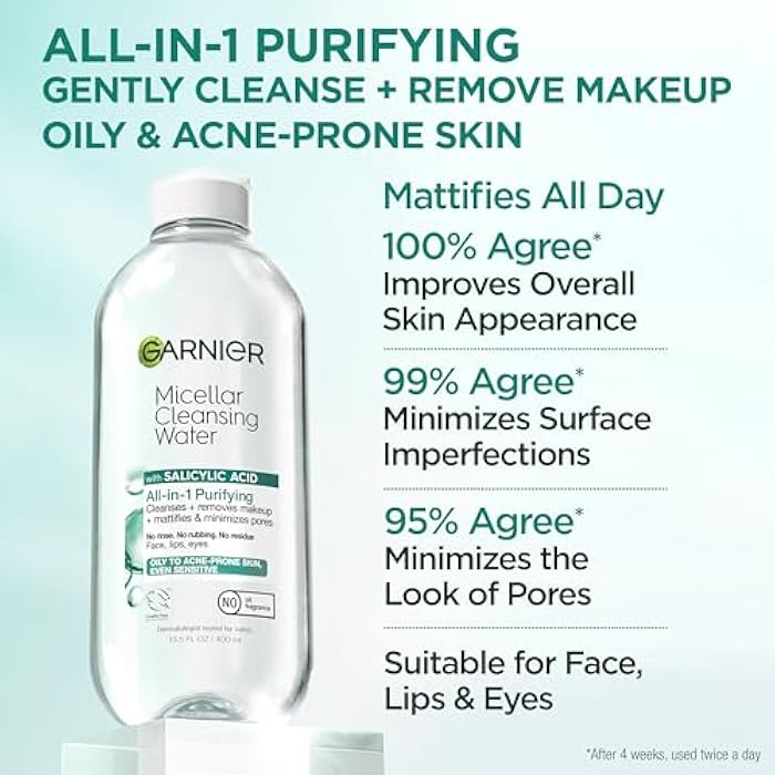 Garnier Micellar Water with Salicylic Acid, All-in-1 Mattifying Facial Cleanser and Makeup Remover for Oily and Acne Prone Skin, 13.5 Fl Oz - Image 2