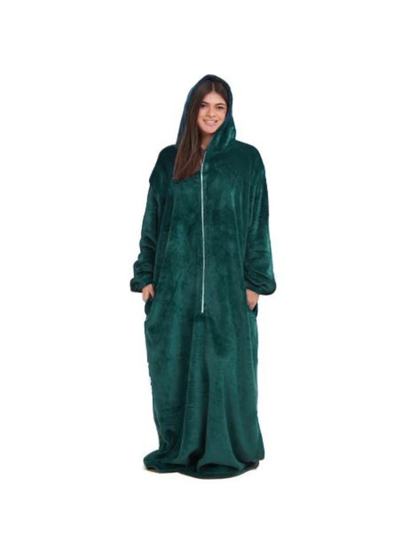 Unisex Long Hooded Fur Robe with Front Zipper and Pockets - Olive Green - Image 1