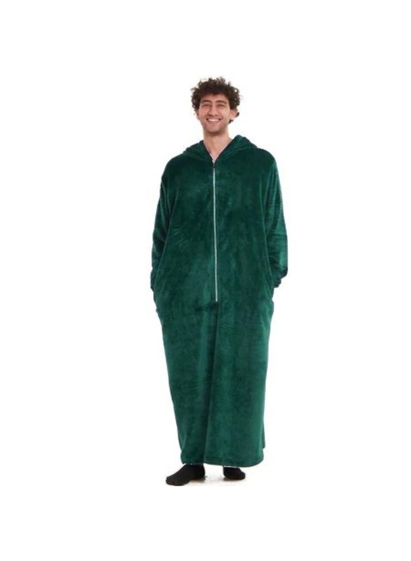 Unisex Long Hooded Fur Robe with Front Zipper and Pockets - Olive Green - Image 2