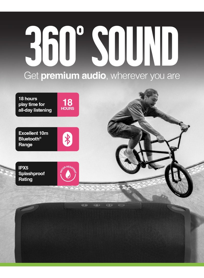 جوس مكبر الصوت اللاسلكي JUICE BoomPRO-XL بتقنية البلوتوث، مزود بصوت 360 درجة واثنين من مكبرات الصوت بقوة 10 واط لكل منهما، مقاوم للرذاذ، ومصمم ليكون مكبراً محمولاً متيناً. - Image 2