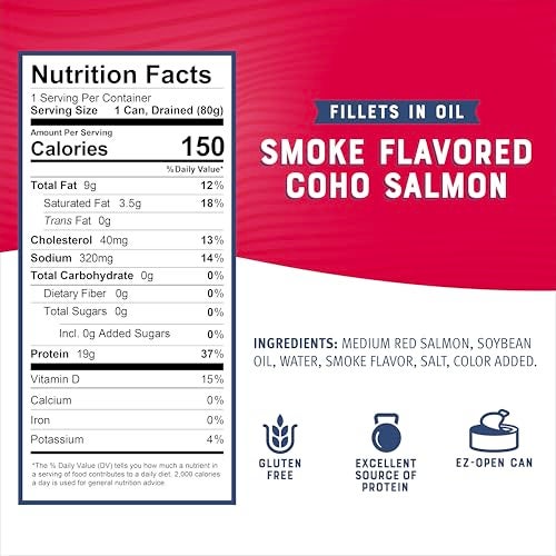 Bumble Bee Smoke Flavored Red Coho Salmon Fillets in Oil, 3.75 oz (Pack of 1) - 19g Protein - Skinless, Boneless - Great for Snacks & Recipes - Gluten Free - Image 3