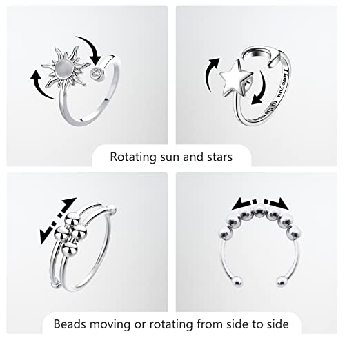 ATCEME 4PCS Fidget Rings for Women Adjustable Stress Relief Fidget Spinner Ring Stainless Steel Sun Moon Star Bead Rotatable Fidget Rings (Silver) - Image 2