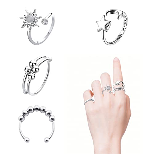 ATCEME 4PCS Fidget Rings for Women Adjustable Stress Relief Fidget Spinner Ring Stainless Steel Sun Moon Star Bead Rotatable Fidget Rings (Silver) - Image 1