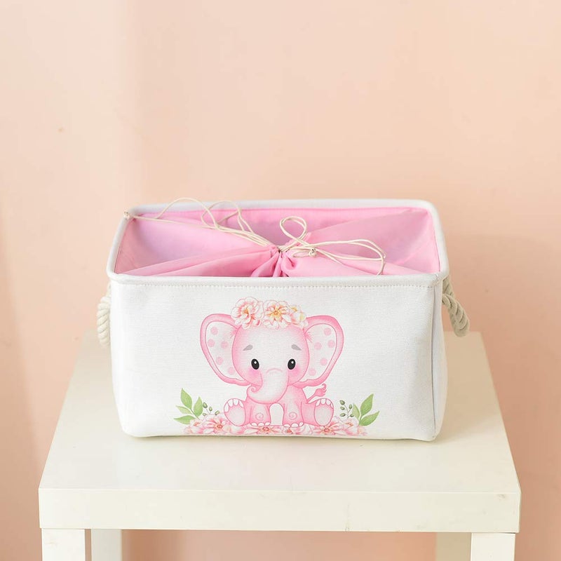 INough Pink Basket Elephant Storage Bins for Kids, Gift Box for Baby,Collapsible Storage Basket for Toys Clothes,Fabric Laundry Baskets for Baby/Kids/Nursery Room (Medium, Pink Elephant) - Image 3