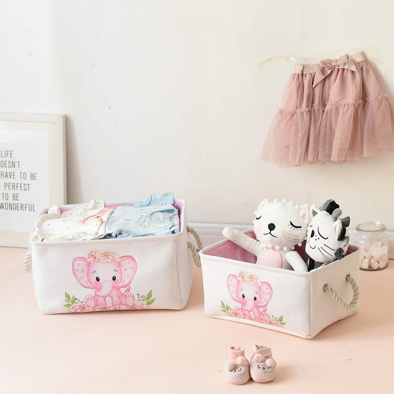 INough Pink Basket Elephant Storage Bins for Kids, Gift Box for Baby,Collapsible Storage Basket for Toys Clothes,Fabric Laundry Baskets for Baby/Kids/Nursery Room (Medium, Pink Elephant) - Image 4