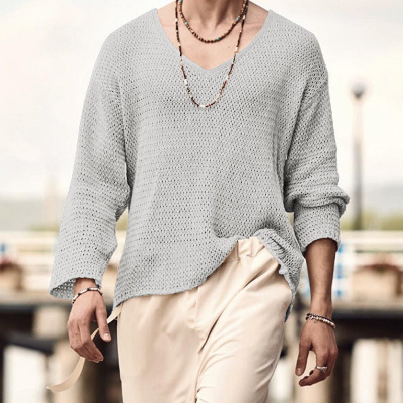 Men's V-Neck Long Sleeve Loose Knit Sweater - Image 2