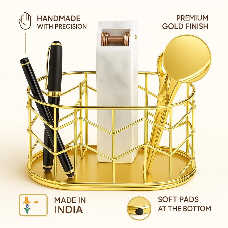 CentraLit حامل أقلام أنيق للطاولة | منظم مكتب معدني ذهبي لطاولة الدراسة | حامل أقلام للمكتب والمنزل | منظم قرطاسية | عناصر زخرفية لمكتب المكتب - Image 4