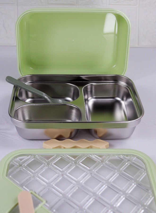 توشيونيكس صندوق غداء من الفولاذ المقاوم للصدأ بثلاث حجرات مع ملعقة، وصينية قابلة للإزالة، وغطاء مانع للتسرب مع فتحة تهوية للبخار، خالٍ من مادة BPA - سعة 1.7 لتر، للمدرسة والمكتب والسفر وصالة الألعاب الرياضية - Image 2