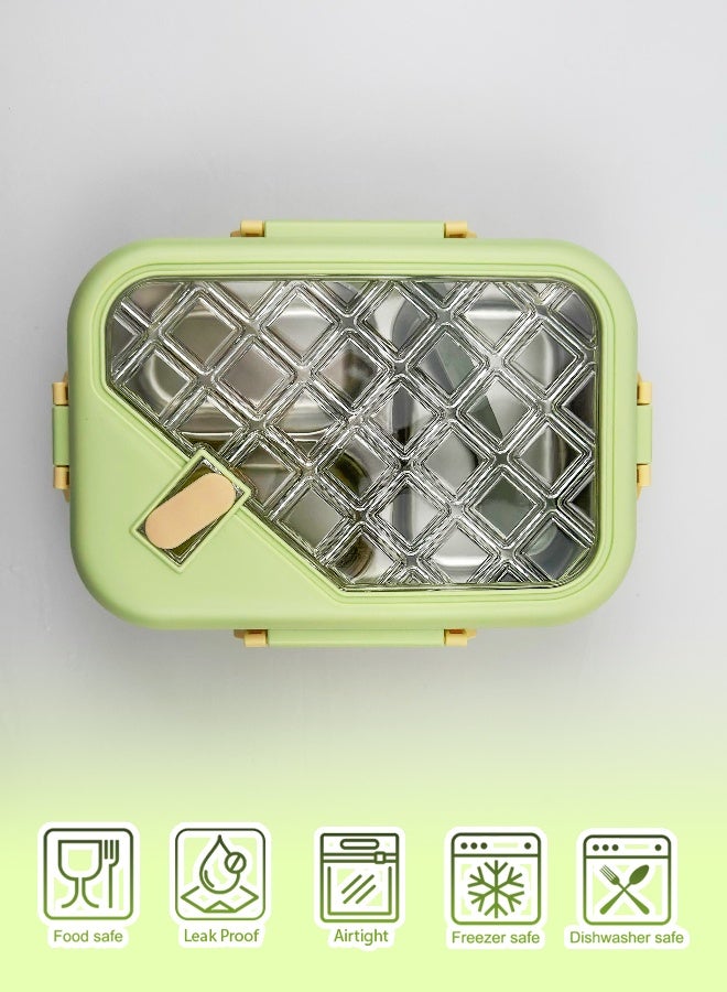 توشيونيكس صندوق غداء من الفولاذ المقاوم للصدأ بثلاث حجرات مع ملعقة، وصينية قابلة للإزالة، وغطاء مانع للتسرب مع فتحة تهوية للبخار، خالٍ من مادة BPA - سعة 1.7 لتر، للمدرسة والمكتب والسفر وصالة الألعاب الرياضية - Image 1