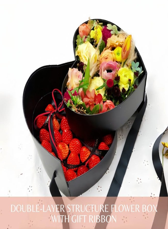 BBJ WRAPS Luxury Heart Shaped Flower Box with Lid Florist Double Layer Gift Paper Mache Boxes for Arrangements-9"(L x 8"(W x 6.5"(H (Black - Image 3
