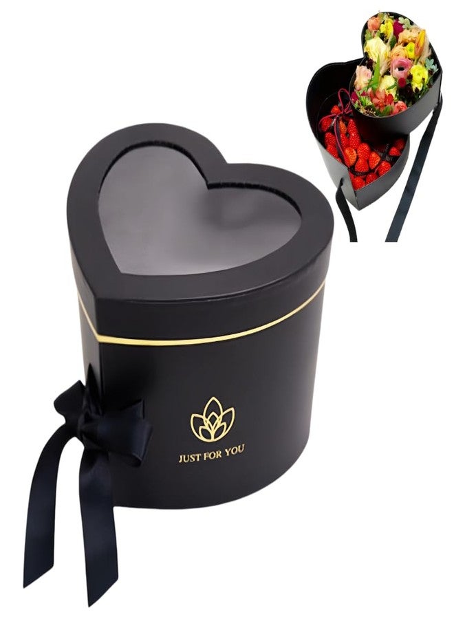 BBJ WRAPS Luxury Heart Shaped Flower Box with Lid Florist Double Layer Gift Paper Mache Boxes for Arrangements-9"(L x 8"(W x 6.5"(H (Black - Image 1