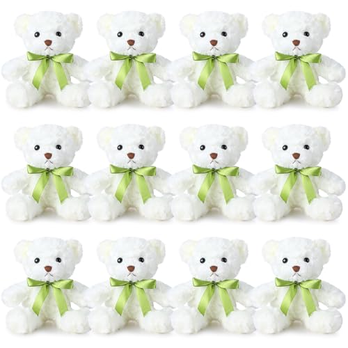 Hungdao 12 Pcs Bears Bulk Gifts Plush Bear Stuffed Animals 10 Inch Cute Soft Stuffed Animals with Green Bows for Baby Shower Birthday Party Favor Centerpiece DecorationWhite - Image 1