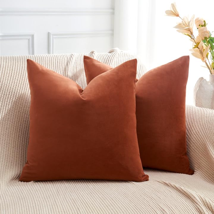 GriNeed Throw Pillow Covers Rust Set of 2 18x18 Inch Pillow Covers Soft Velvet Fall Decorative Cases for Couch Sofa Bed Home Boho Decor Modern Farmhouse Cushion Covers - Image 1
