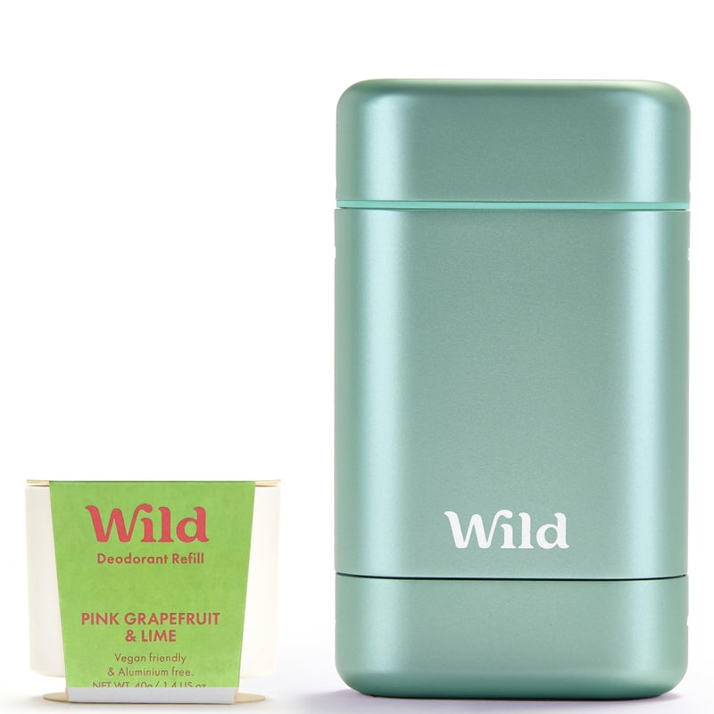 Wild Aluminum Free Deodorant for Men & Women Starter Kit - Refillable Stick Deodorant with Aqua Case and Pink Grapefruit & Lime Scented Refill (1.4oz) - Long Lasting Protection - Vegan Friendly - Image 1