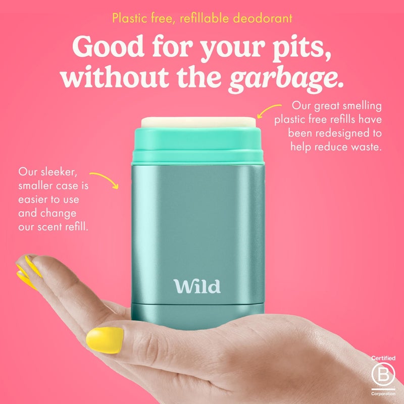 Wild Aluminum Free Deodorant for Men & Women Starter Kit - Refillable Stick Deodorant with Aqua Case and Pink Grapefruit & Lime Scented Refill (1.4oz) - Long Lasting Protection - Vegan Friendly - Image 2
