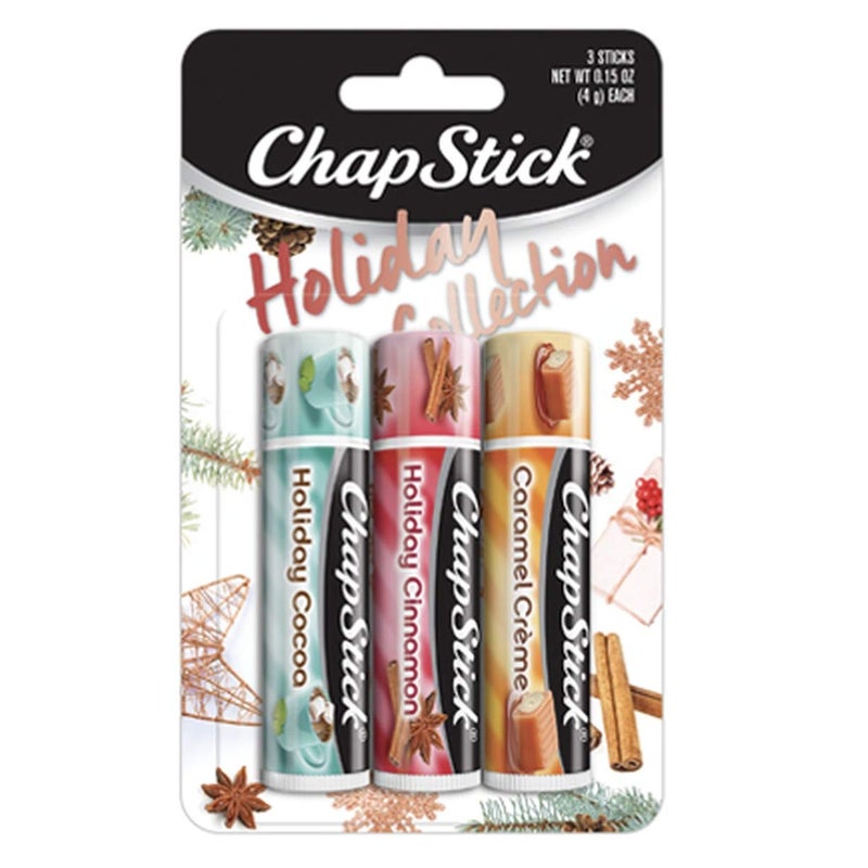 Chapstick Holiday Collection 2017 Pack of 3 Holiday Cinnamon Caramel Creme  Holiday Cocoa 015 Oz Ea