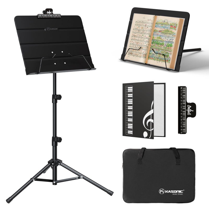 K KASONIC - Dual-Use Folding Sheet Music Stand & Desktop Book Stand with Portable Carrying Bag, Sheet Music Folder & Clip Holder (Black) - Image 1