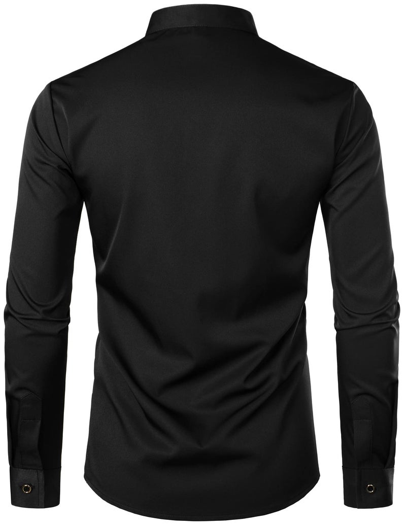 ZEROYAA Mens Luxury Embroidery Design Slim Fit Long Sleeve Banded Collar Dress Shirts ZHCL50-Black Large - Image 2