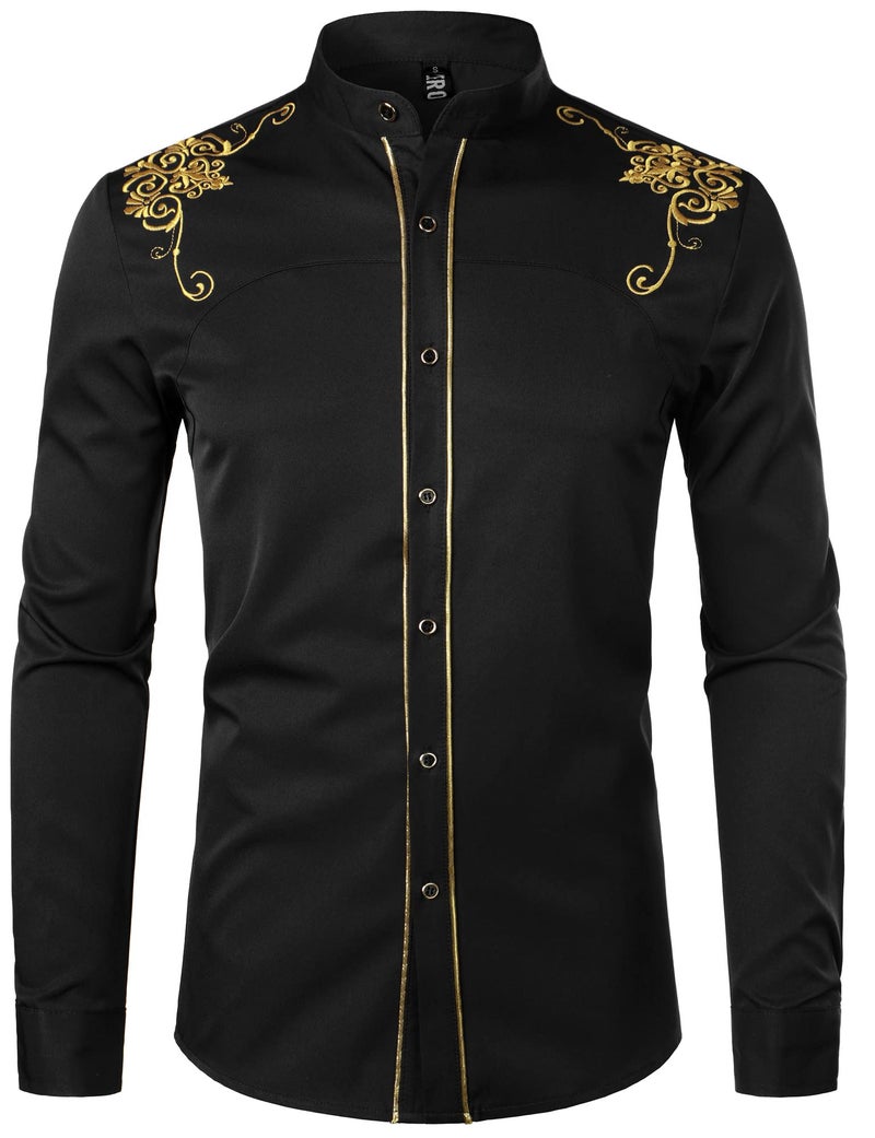 ZEROYAA Mens Luxury Embroidery Design Slim Fit Long Sleeve Banded Collar Dress Shirts ZHCL50-Black Large - Image 1