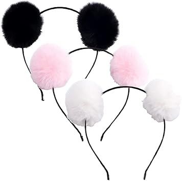 ericotry 3PCS Pompom Ball Cat Ear Headband Cute Fluffy Ball Hair Hoop for Cosplay Party Costume Hair Accessories BlackWhitePink - Image 1