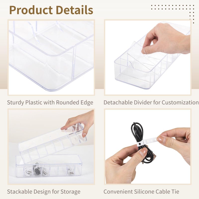Transparent Cable Organizer Box With Lid Divider And 10 Ties For Home Office - Image 3