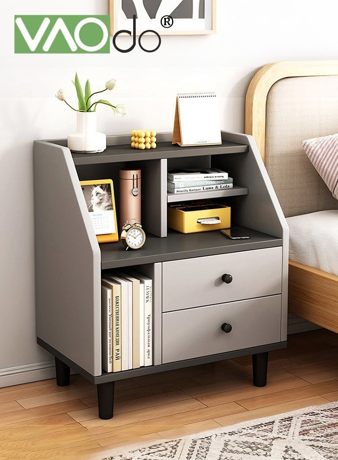 فاو دو طاولة تخزين بجانب السرير، طاولة بجانب السرير مع مساحة تخزين مفتوحة وأدراج، طاولة جانبية مع فواصل معقولة، أرجل داعمة من الخشب الصلب لغرفة النوم وغرفة المعيشة وغرفة الدراسة - Image 1
