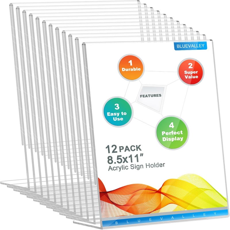 BlueValley 12 Pack Clear Acrylic Sign Holder 8.5x11" Vertical, Slant Back Flyer Brochure Document Paper Display Holder for Office Desktop, Ad Picture Frame Acrylic Menu Display Stand for Show Fair - Image 1