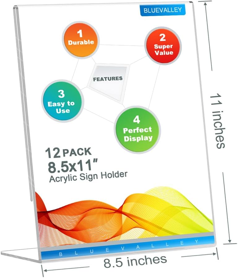 BlueValley 12 Pack Clear Acrylic Sign Holder 8.5x11" Vertical, Slant Back Flyer Brochure Document Paper Display Holder for Office Desktop, Ad Picture Frame Acrylic Menu Display Stand for Show Fair - Image 2
