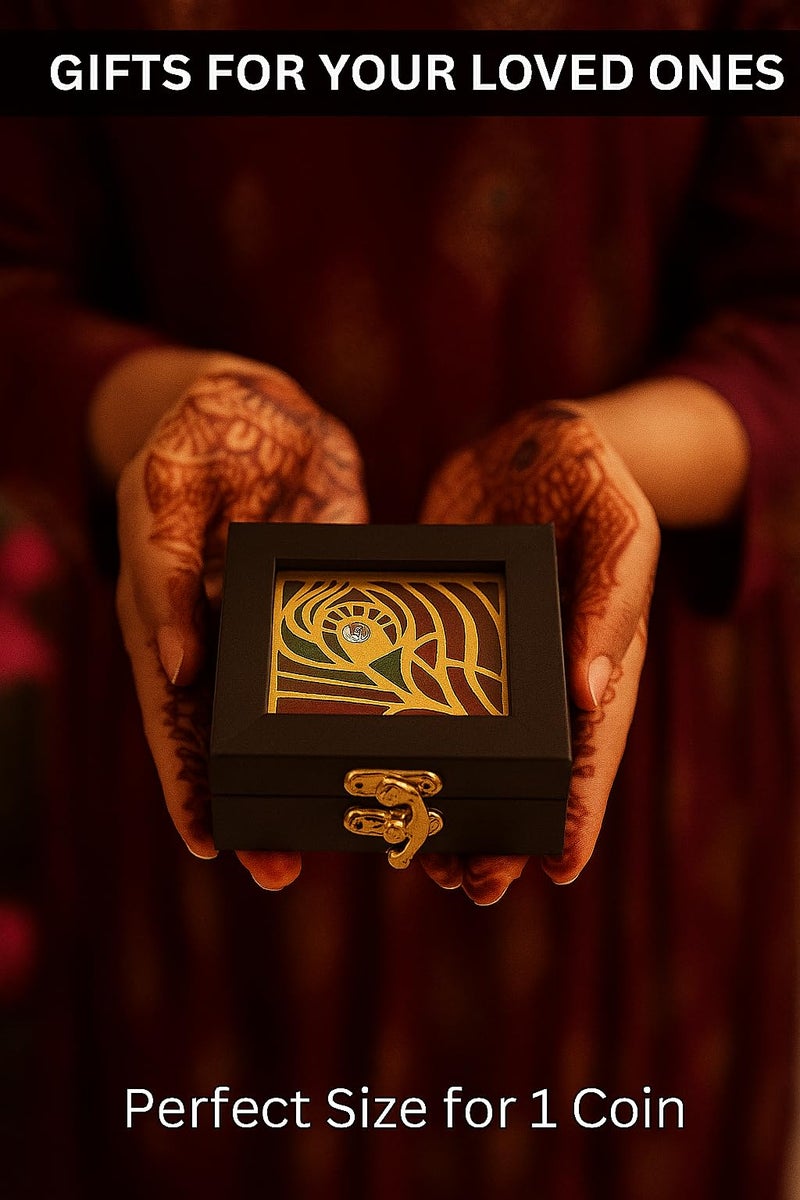 Lushure Wooden Mor Pankh Design Gold & Silver Ginni Coin Box for Wedding Gifting Purpose | Return Gift | Single Coin Box Gift Box | 5gm, 10gm Gold Coin Gift Box - Image 4