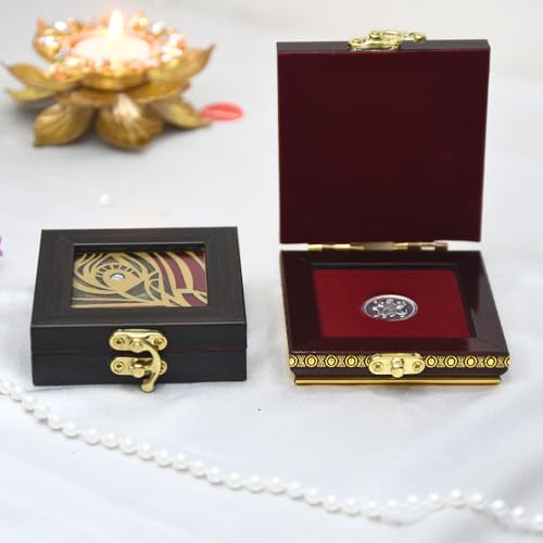 Lushure Wooden Mor Pankh Design Gold & Silver Ginni Coin Box for Wedding Gifting Purpose | Return Gift | Single Coin Box Gift Box | 5gm, 10gm Gold Coin Gift Box - Image 1
