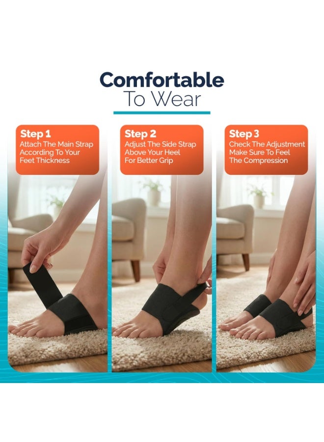 دعامة تقوس القدم للنساء والرجال - حزام دعم تقوس قابل للتعديل، مناسب للقدم المسطحة، وآلام الكعب، وتقوس القدم العالي، وانحناءات القدم - شرائط مانعة للانزلاق - (زوج واحد - أسود) - Image 2