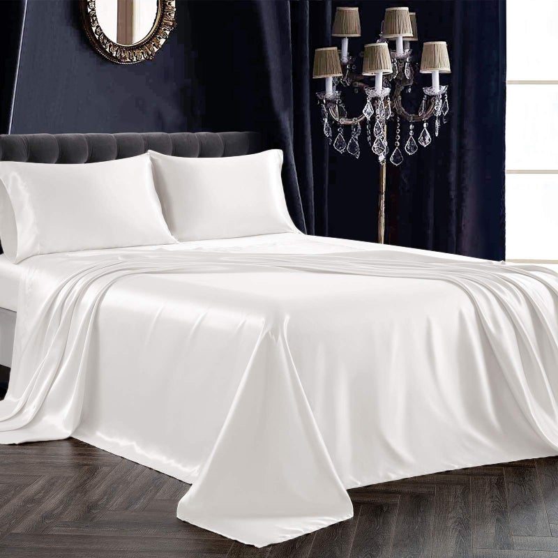 SiinvdaBZX 4Pcs Satin Sheet Set Full Size Ultra Silky Soft Ivory White Satin Full Bed Sheets with Deep Pocket 1 Fitted Sheet 1 Flat Sheet 2 Envelope Closure Pillowcases