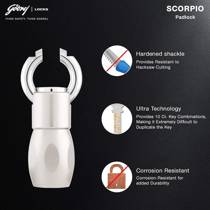 Godrej Locking Solutions and Systems Godrej Locks I Ultra Scorpio Padlock I 3 Keys I for Main Door I Gate Lock I Tool Box Shutters Shops Offices I Strong Hardened Corrosion Resistant Shackle I Nickel Finish  - Image 4