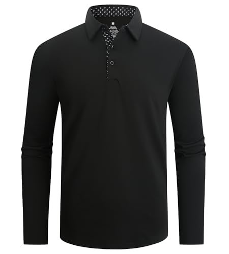 Alex Vando Mens Golf Shirt Moisture Wicking Quick-Dry Solid Long Sleeve Polo Shirts for Men,Black,L - Image 1