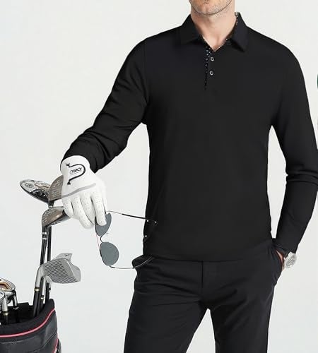 Alex Vando Mens Golf Shirt Moisture Wicking Quick-Dry Solid Long Sleeve Polo Shirts for Men,Black,L - Image 3