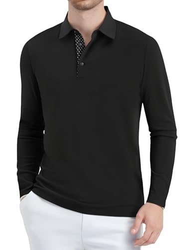 Alex Vando Mens Golf Shirt Moisture Wicking Quick-Dry Solid Long Sleeve Polo Shirts for Men,Black,L - Image 2