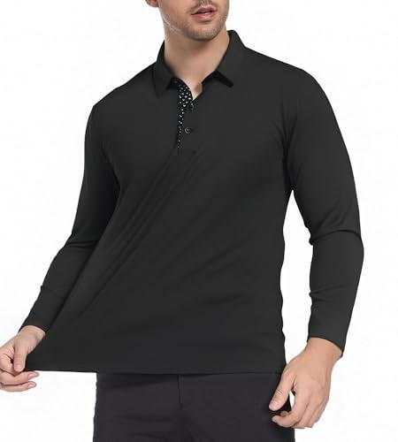 Alex Vando Mens Golf Shirt Moisture Wicking Quick-Dry Solid Long Sleeve Polo Shirts for Men,Black,L - Image 4