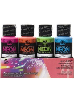 FolkArt FolkArt 7506 4 Bottle Multi-Surface Acrylic Paint Set, 2oz, Neon Blacklight Colors  - Image 1