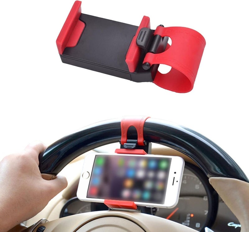 Car Phone Holder - Adjustable Car Cradle, Steering Wheel Mount, Hands-Free Cell Phone Holder for Most Steering Wheels (Black)