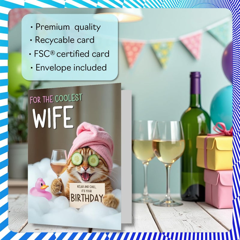 Stuff4 بطاقة عيد ميلاد الزوجة من Stuff4 - قطة حمام مريحة - بطاقة عيد ميلاد سعيد للزوجة من الزوج الشريك A5 بطاقات تهنئة لعيد الميلاد الفكاهة - Image 3