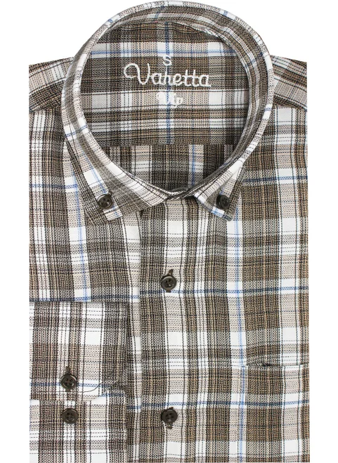 فاريتا Men's Brown Checked Long Sleeve Classic Cut Collar Buttoned Shirt