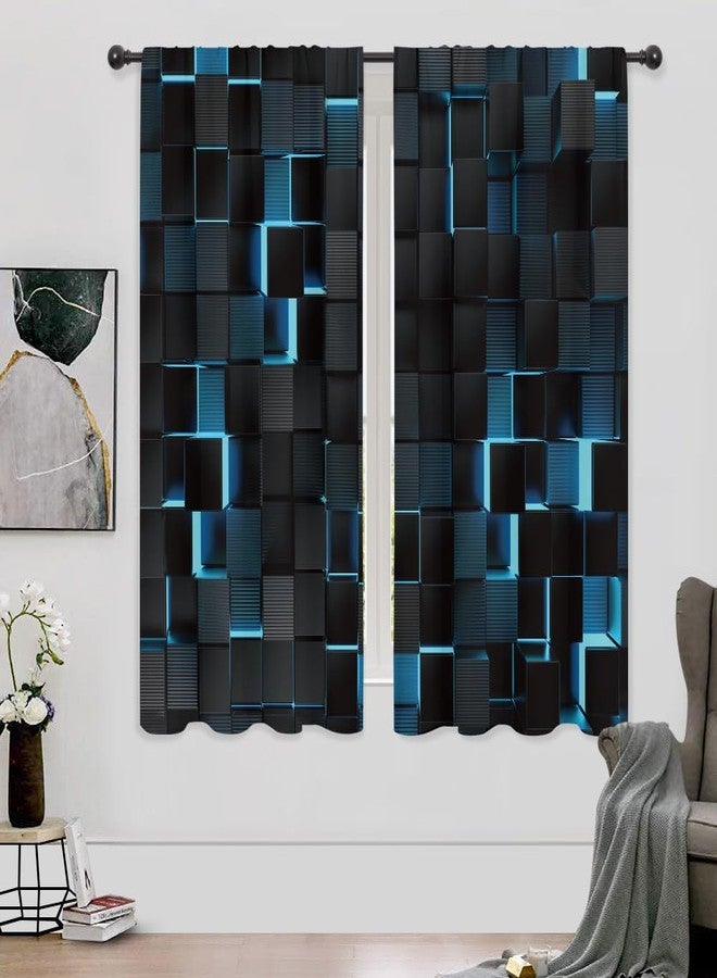 ريديكور ستائر جدارية من رييديكور باللونين الأسود والأزرق الداكن، بتصميم عصري ثلاثي الأبعاد متدرج الألوان، بنمط مكعبات مستقبلية ونقشة هندسية مربعة، مع جيب للتعليق، مناسبة لغرف نوم الرجال والأولاد وغرف المعيشة. مصنوعة من قماش فاخر، قطعتان، مقاس 42 بوصة عرض × 63 بوصة ارتفاع. - Image 1