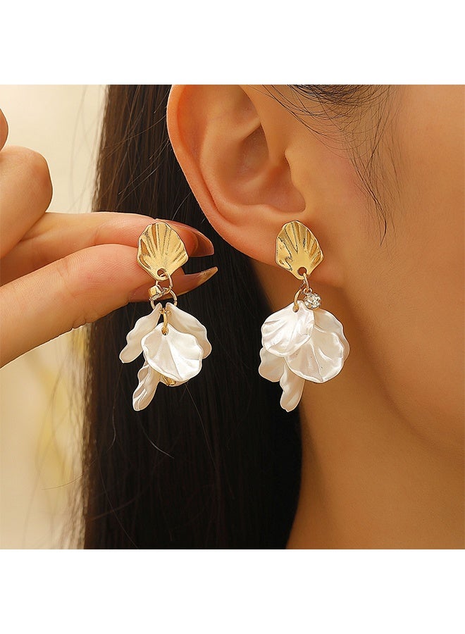 YJ Gold Shell Luster Petal Zircon Tassel Earrings Women's Fashionable Versatile Earrings 925 Silver Studs - Image 2