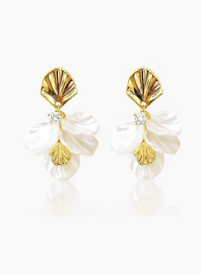 YJ Gold Shell Luster Petal Zircon Tassel Earrings Women's Fashionable Versatile Earrings 925 Silver Studs - Image 1