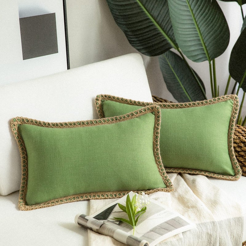 Phantoscope Pack of 2 Farmhouse Decorative Throw Decorative Pillow Cover Burlap Linen Pillow Covers Trimmed Tailored Edges Green, Plain, 12 x 20 inches, 30 x 50 cm - Image 1