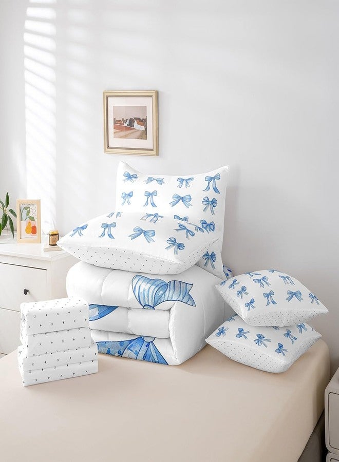 Feelyou Bowknot Decoration 7 Piece Bedding Set Full Size for Girls Dreamy Princess Style Kids Bed in a Bag Watercolor Blue Bow Bed Set Girly Kawaii - Image 4