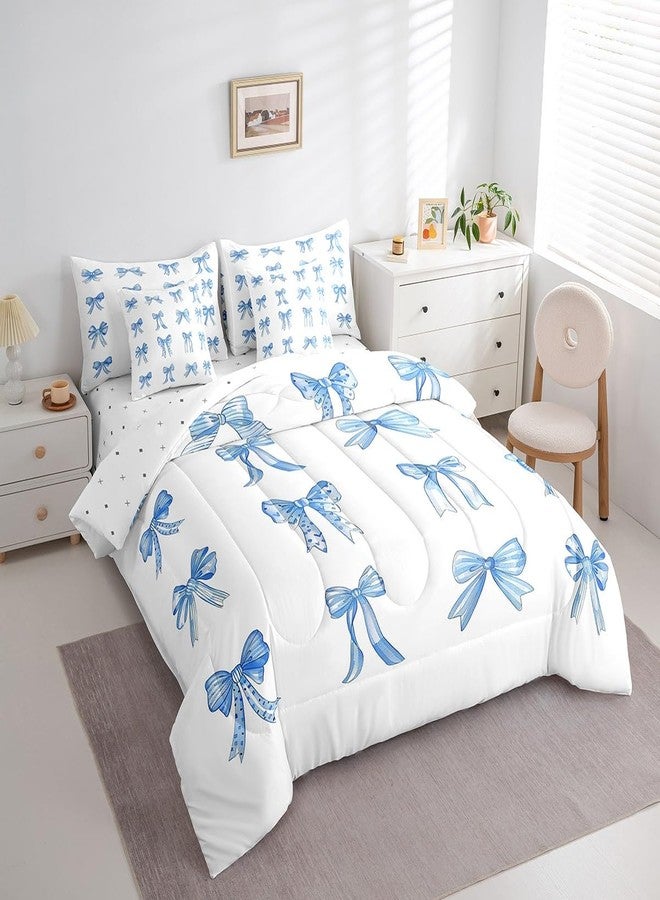 Feelyou Bowknot Decoration 7 Piece Bedding Set Full Size for Girls Dreamy Princess Style Kids Bed in a Bag Watercolor Blue Bow Bed Set Girly Kawaii - Image 3