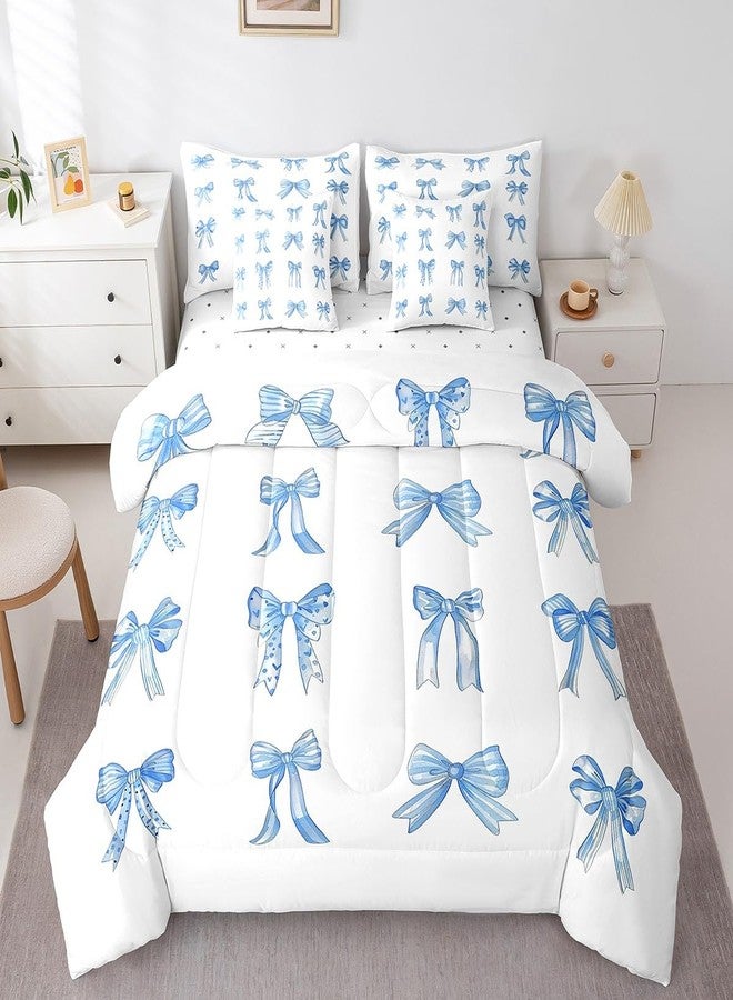 Feelyou Bowknot Decoration 7 Piece Bedding Set Full Size for Girls Dreamy Princess Style Kids Bed in a Bag Watercolor Blue Bow Bed Set Girly Kawaii - Image 1