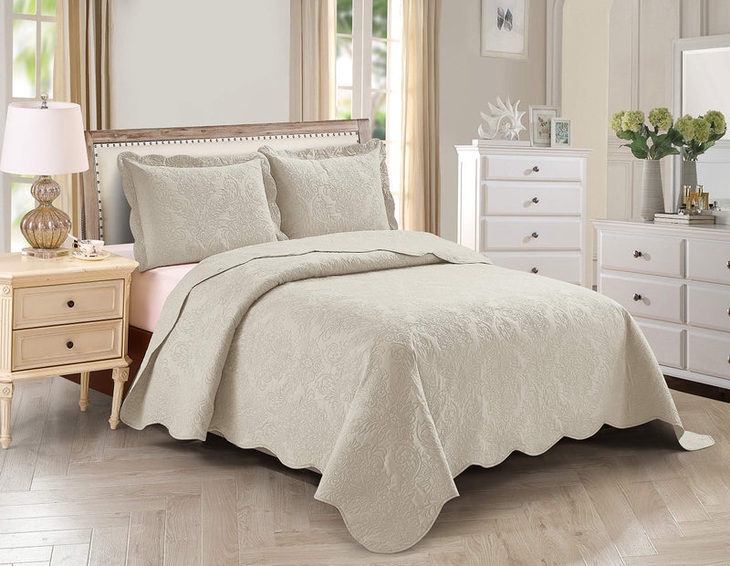 Home Collection 3pc FullQueen Over Size Elegant Embossed Bedspread Set Light Weight Solid Beige New Stacy