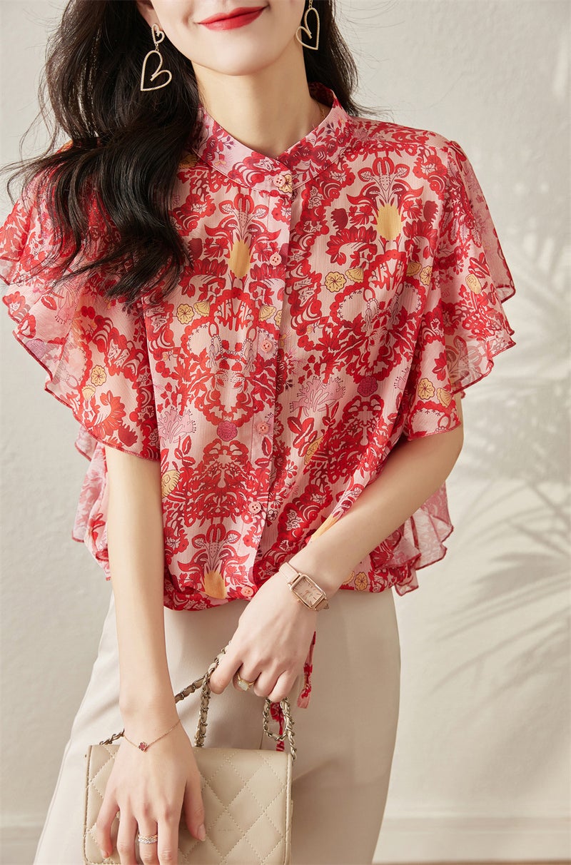 23 Summer Korean Style Elegant Layered Lotus Leaf Sleeve Gentle Printed Shine-like Mulberry Silk Lace-up Shirt Top for Women Red 